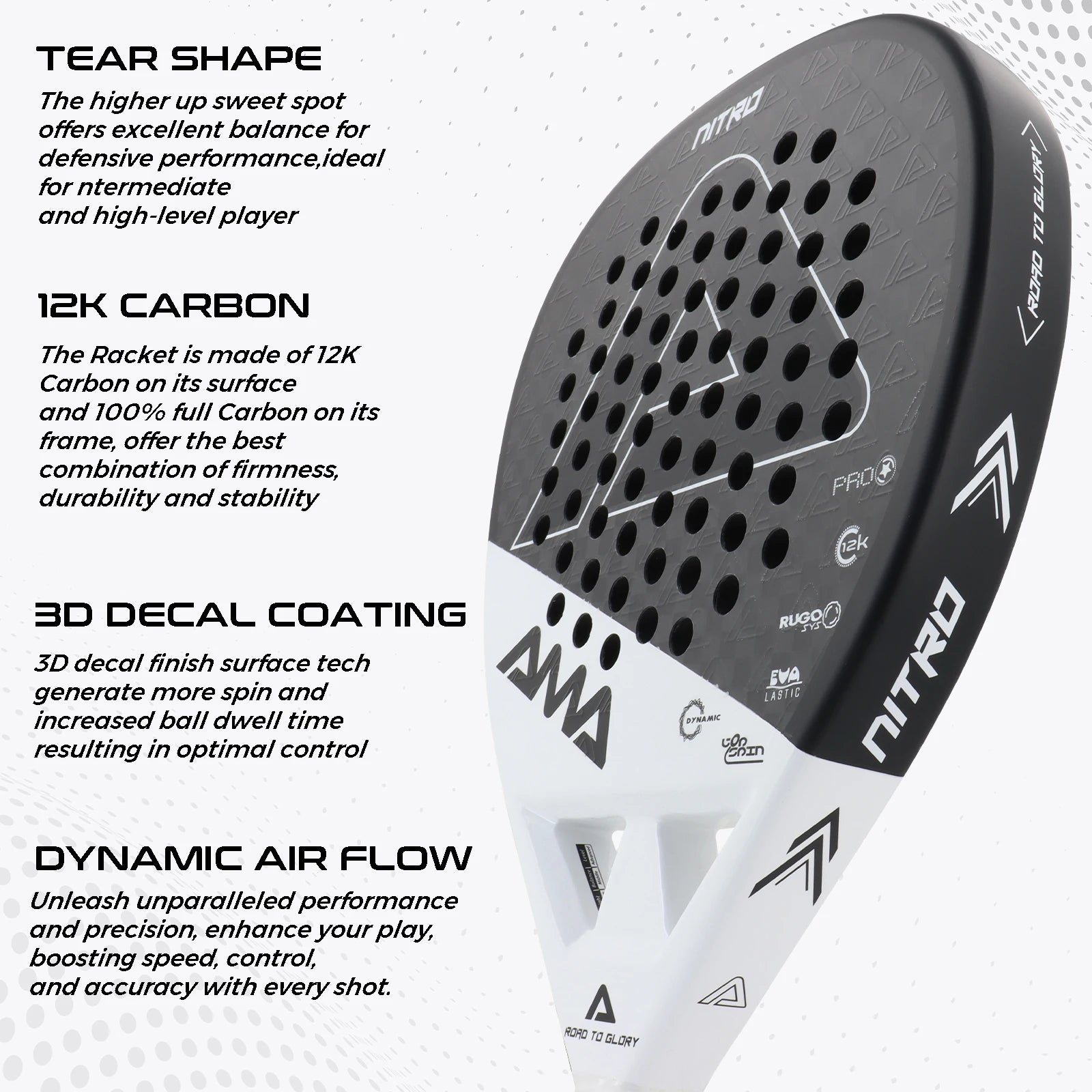 AMASport Padel Racket 12K Carbon Fibre Surface With EVA Memory Flex Foam Core-Even Balance Point-Power and Control