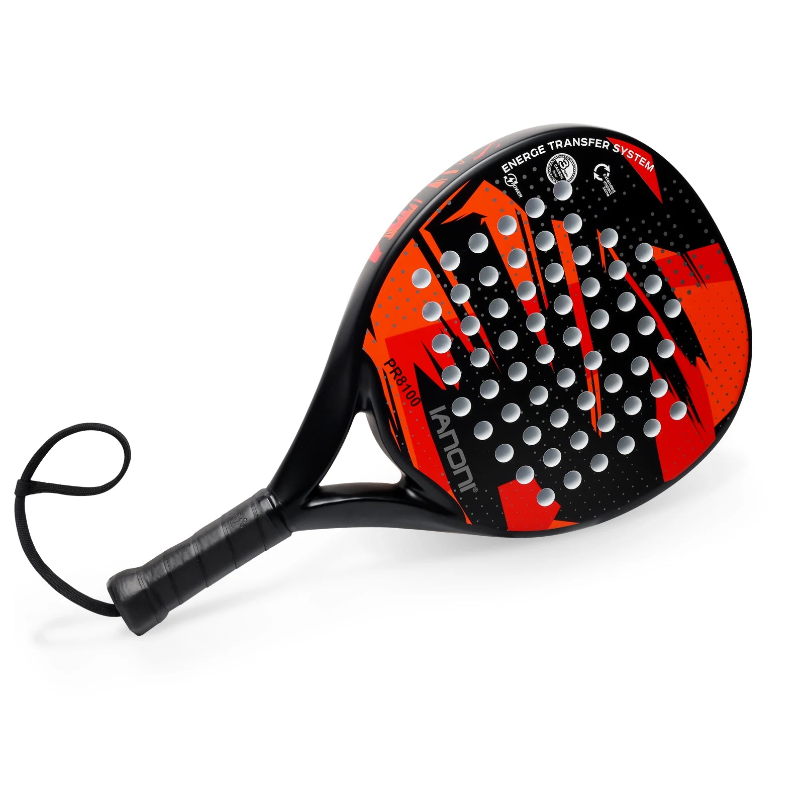 Vexo black and red padel racket with perforated surface and wrist strap on white background