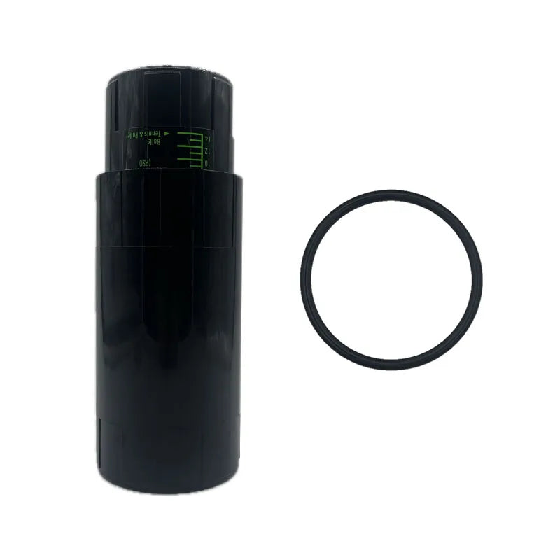 Vexo black cylindrical filter with PSI gauge and rubber O-ring on white background