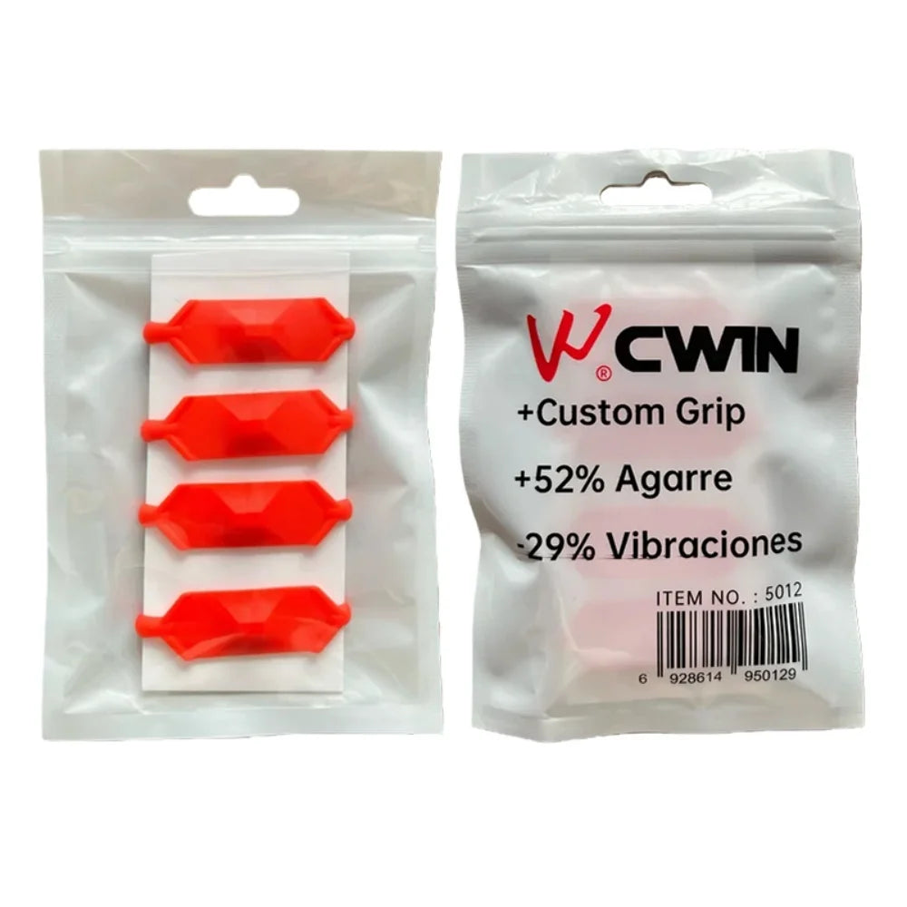 Vexo custom grip red accessories in clear packaging, labeled for improved grip and reduced vibrations
