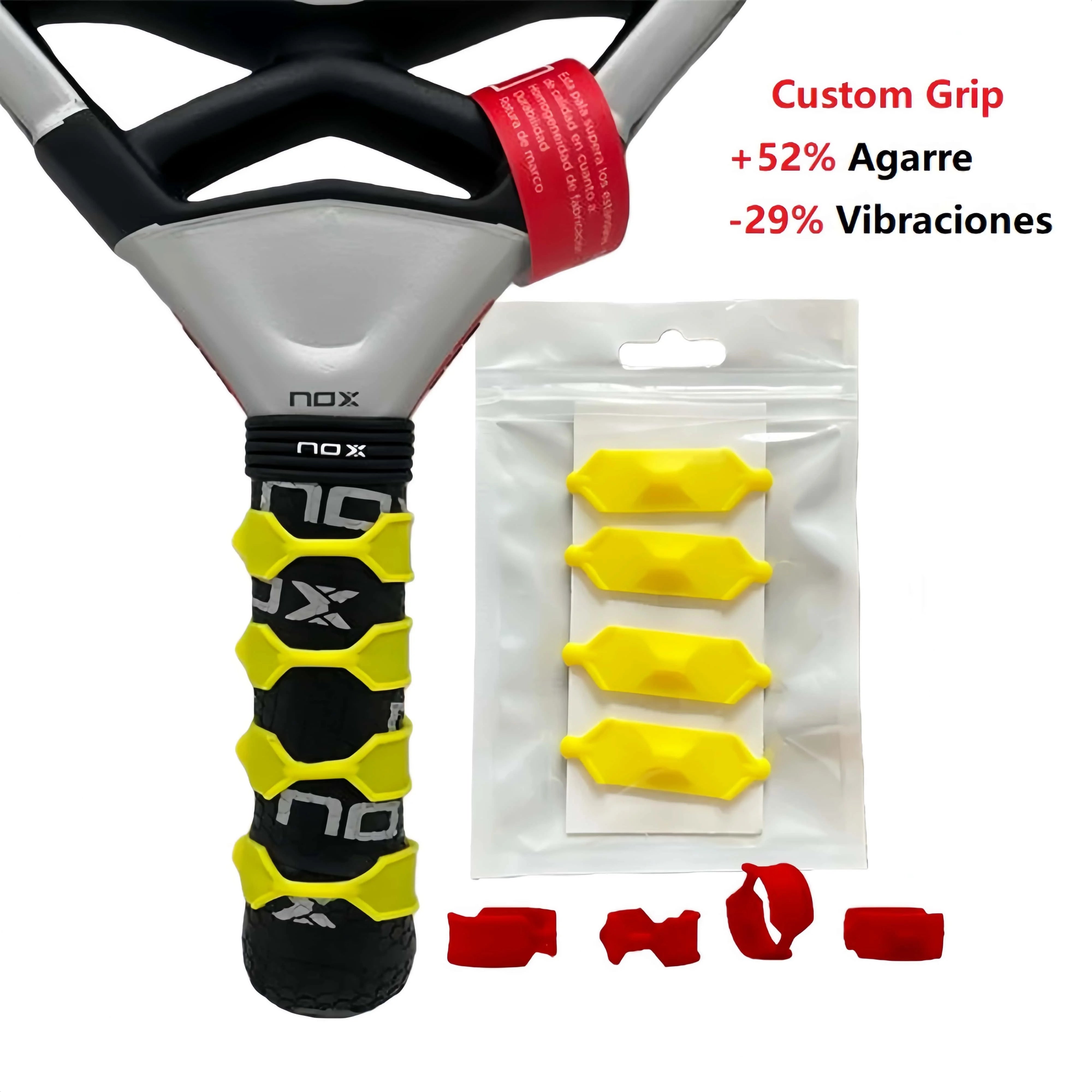 Vexo custom grip for padel racket, yellow grip enhancers and red accessories, NOX branding