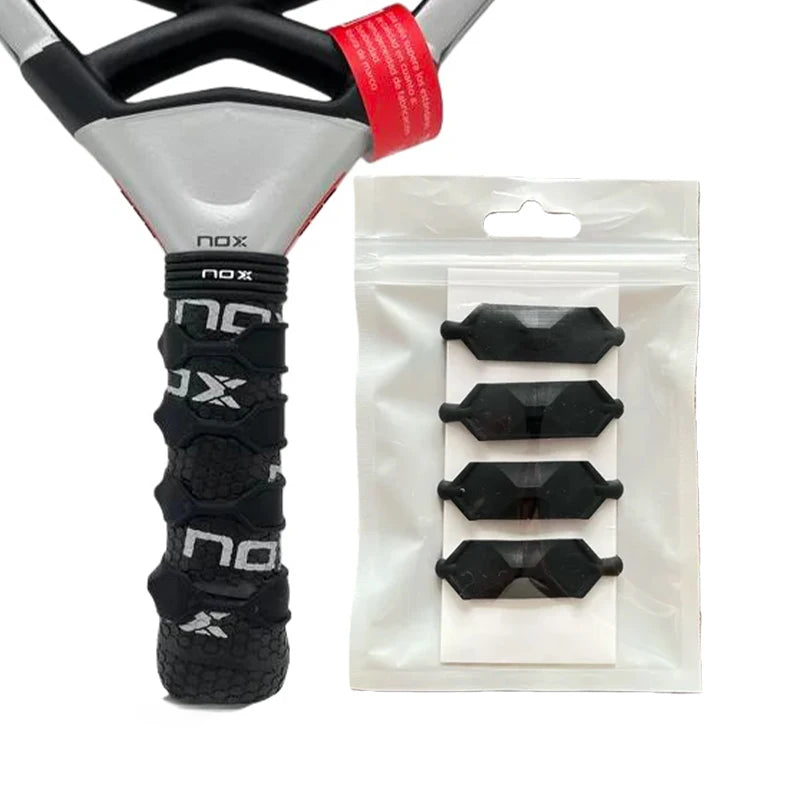Nox padel racket handle with black grip and four black dampeners in packaging, Vexo sports accessory