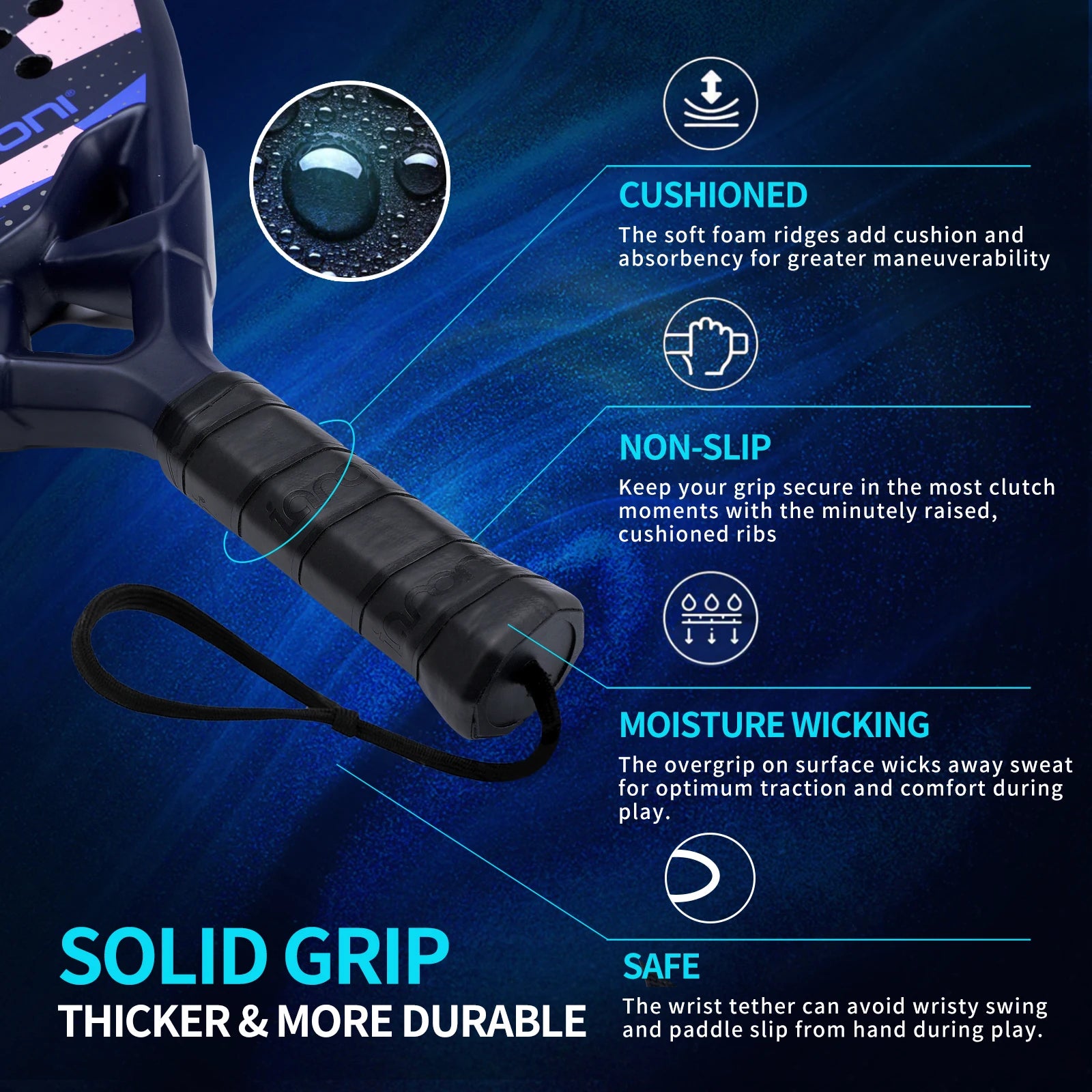 Black cushioned non-slip pickleball paddle grip with wrist tether, moisture wicking features, Vexo brand.