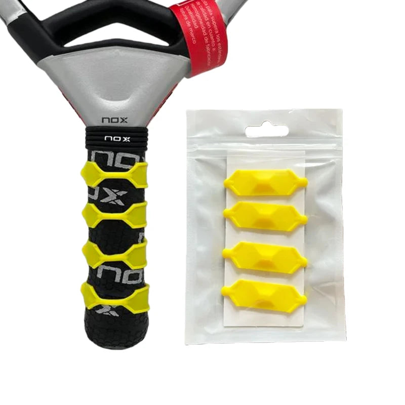 Nox padel racket handle with yellow grip accessories and a pack of four yellow grip enhancers.