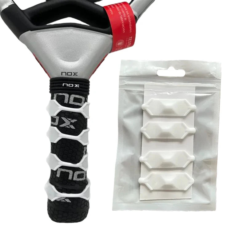 Vexo paddle racket handle with white grip enhancers and packaged grip accessories