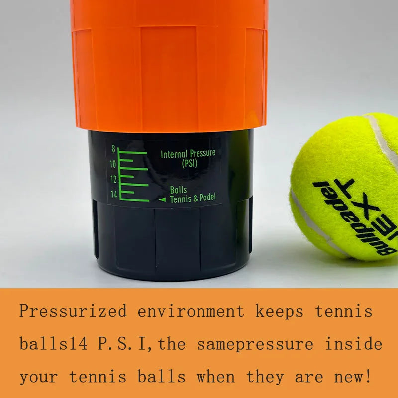 Vexo tennis ball pressurizer with PSI gauge and bright tennis ball on gray background