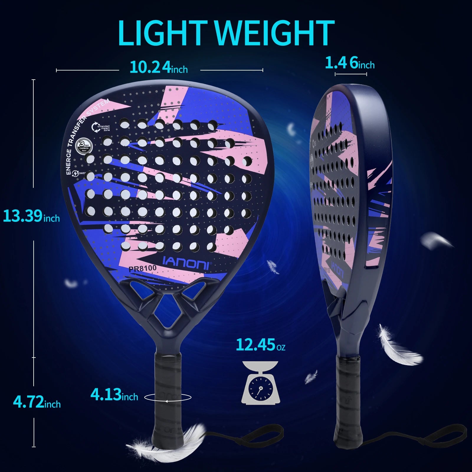 Lightweight Vexo IANONI padel racket in blue and pink with size and weight details shown