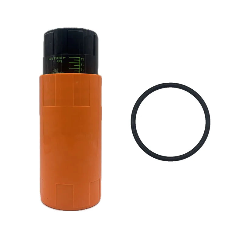 Vexo orange cylindrical tool with black cap and separate rubber ring on white background