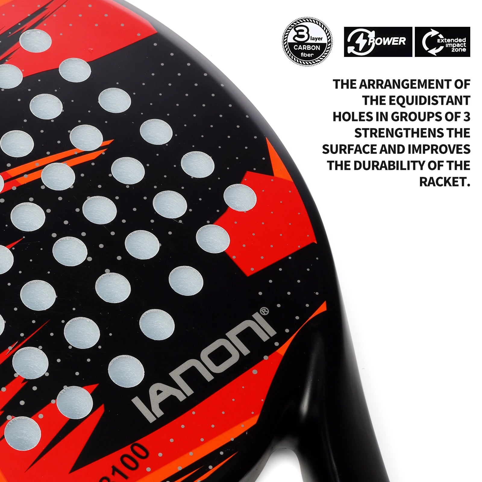IANONI padel racket with red and black design, carbon fiber, equidistant holes for durability.