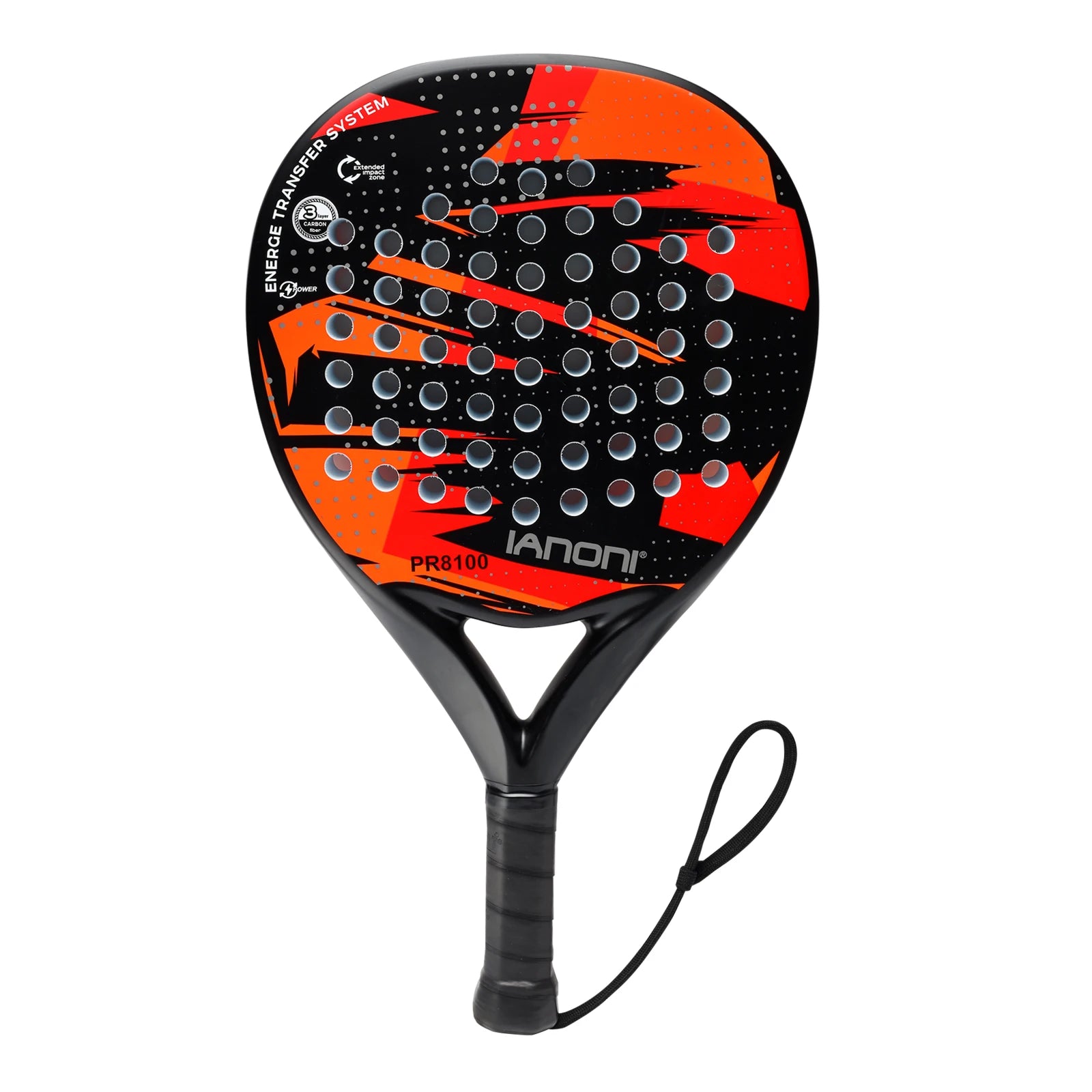 IANONI PR8100 padel racket with black and orange design, ergonomic grip, Vexo sports gear