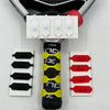 Vexo padel racket handle with yellow grip enhancers and black, red, white grip pieces on display