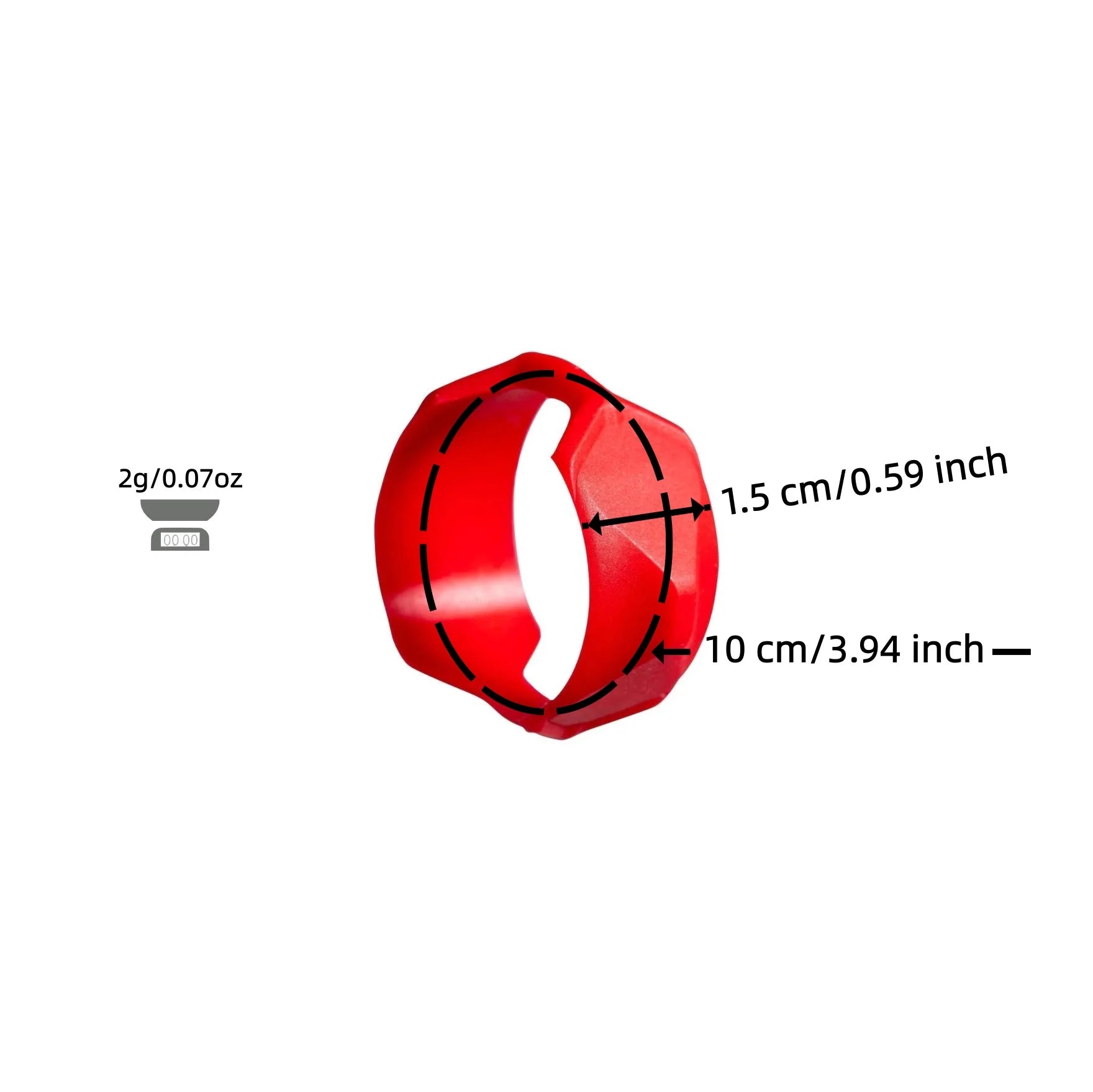 Vexo red ring-shaped plastic tool, 1.5 cm wide, 10 cm circumference, 2g weight, isolated.