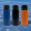 Three Vexo filter housings in blue, black, and orange with measurement markings