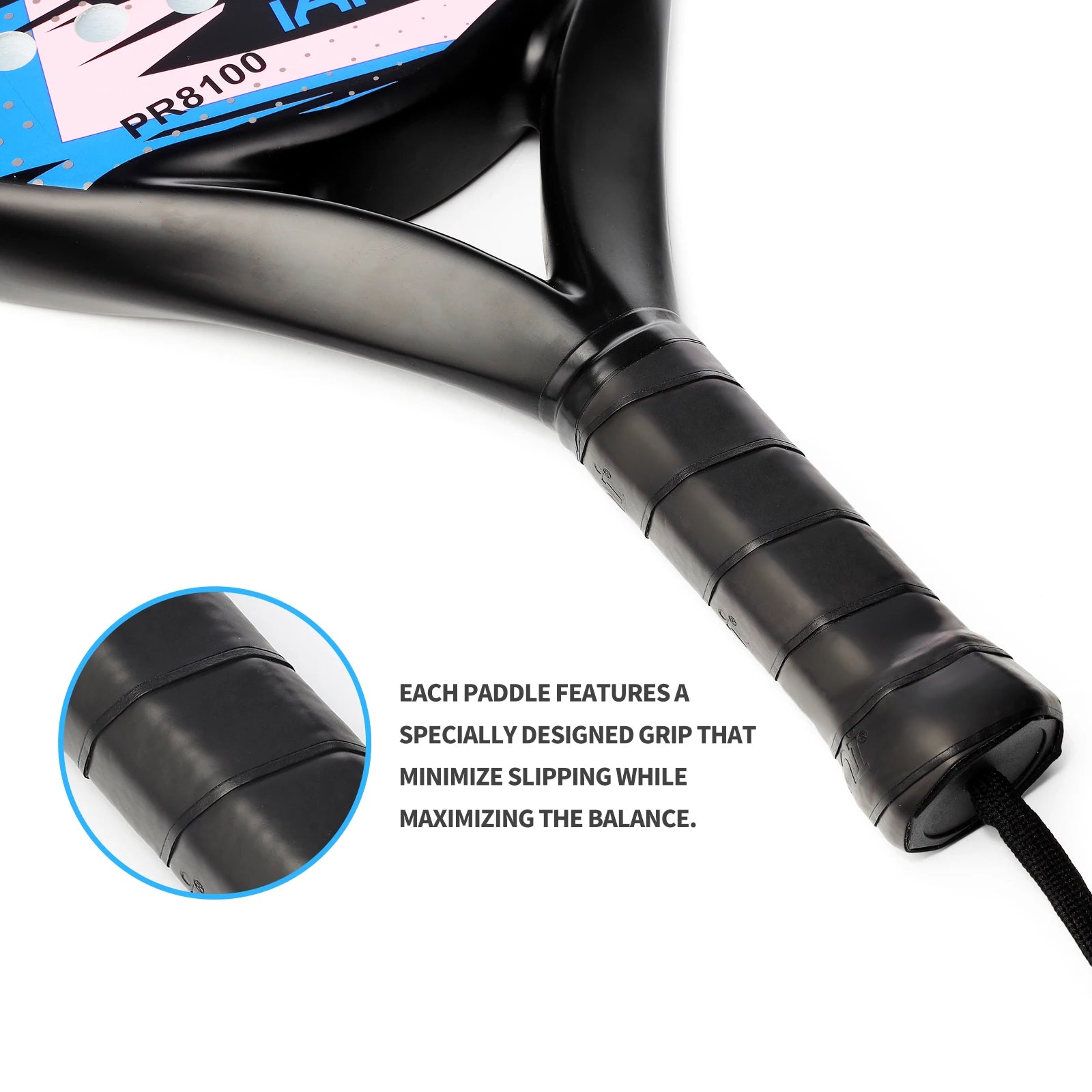 Vexo paddle close-up showing ergonomic black grip with text highlighting slip-resistant feature.