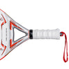 Vexo badminton racket handle with white grip and red wrist strap, close-up view