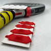Close-up of Vexo padel racket handle with yellow grip and red vibration dampeners