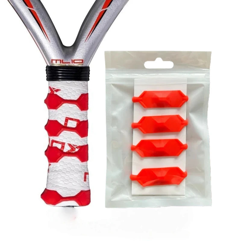 Vexo silver tennis racket handle with red and white grip and four red grip enhancers in package