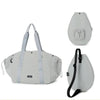 Vexo light grey convertible bag with shoulder straps, shown from front and sides on white