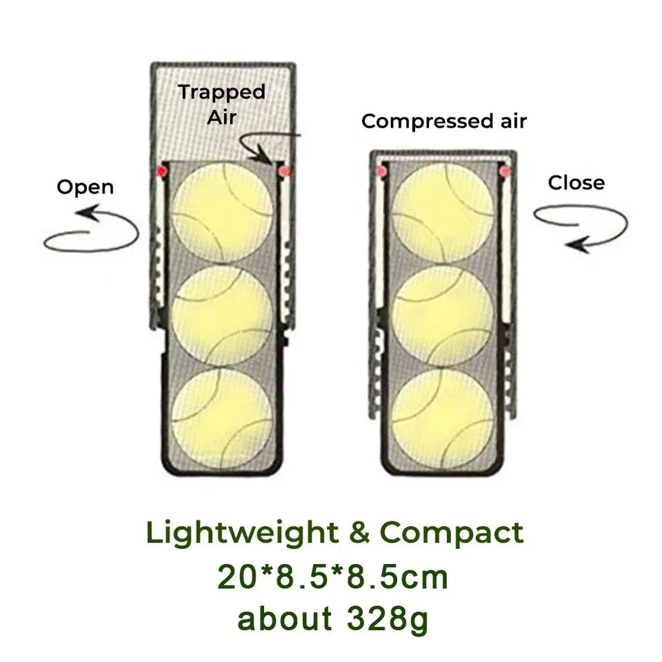 Diagram of a compact tennis ball pressurizer container, showing open and closed positions, with dimensions and weight stated.