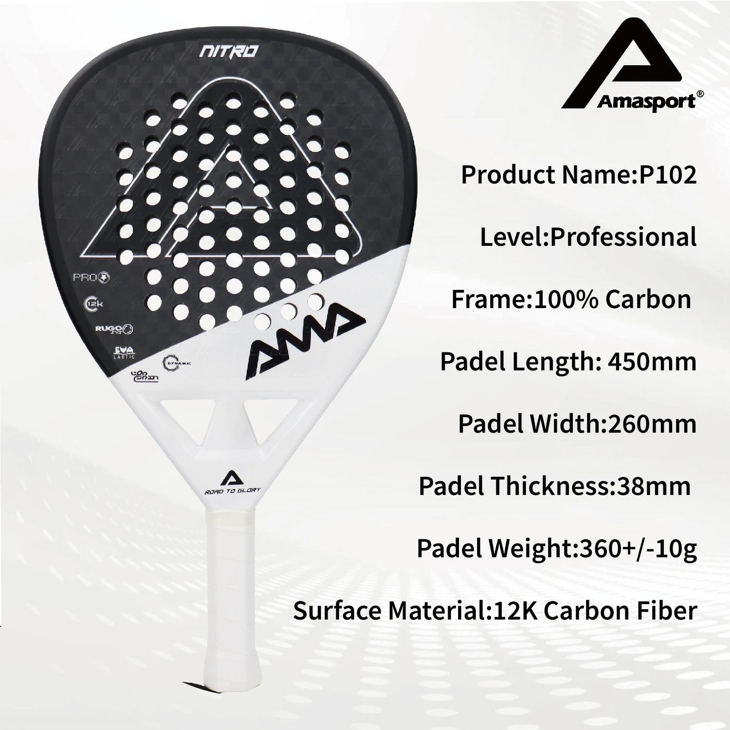 AMASport Padel Racket 12K Carbon Fibre Surface With EVA Memory Flex Foam Core-Even Balance Point-Power and Control